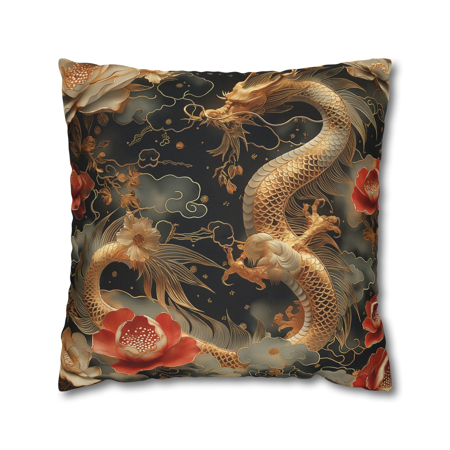 Spun Polyester Square Pillow Gold Dragon